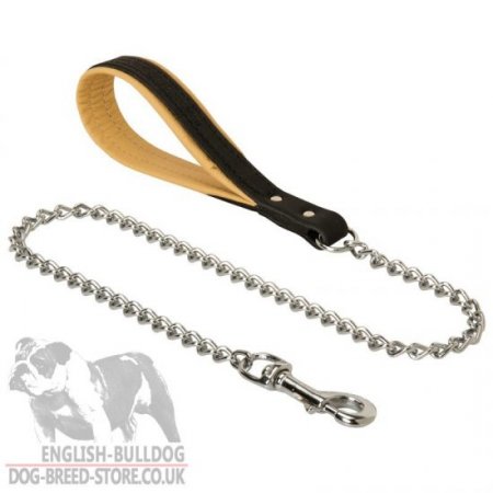 English Bulldog Dog Leash Chain with Nappa Padded Leather Handle