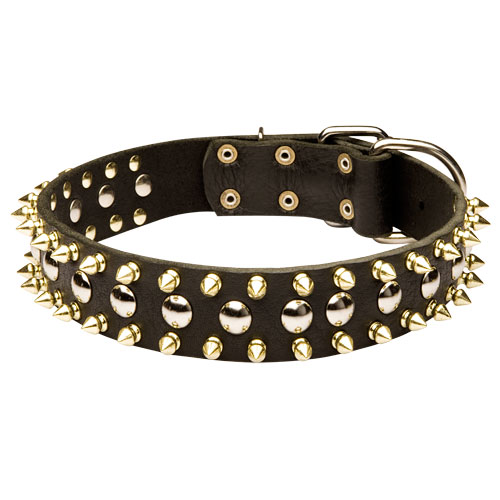 Leather Dog Collar with Golden Spikes Round Studs for Bulldog