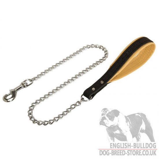 English Bulldog Dog Leash Chain with Nappa Padded Leather Handle