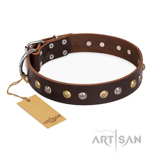 English Bulldog Collar Brown Leather "Rare Flower" FDT Artisan