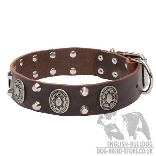 Wide Dog Collar with Silver-like Engraved Ovals & Pyramids
