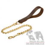 Chain Lead of Gold-Like Brass with Leather Handle for Bulldog