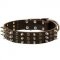Leather Bulldog Collar with Three Rows of Spikes and Round Studs