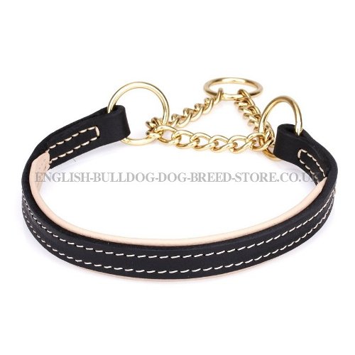 Bulldog Collar of Nappa Padded Leather with Brass-Plated Chain
