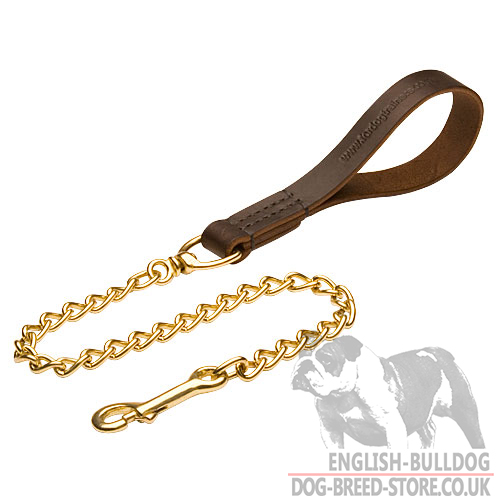 Chain Lead of Gold-Like Brass with Leather Handle for Bulldog - Click Image to Close