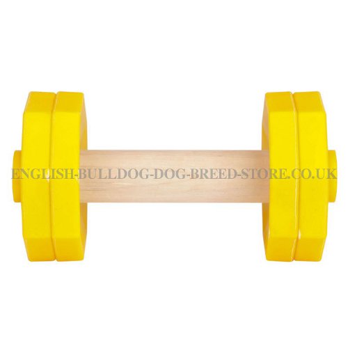 Retrieving Dog Dumbbell of Yellow Plastic and Wood for Bulldog