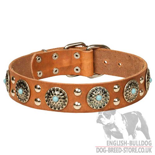 "A Diamond of Blue Water" English Bulldog Leather Dog Collar - Click Image to Close