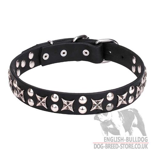 "Stars and Spheres" Swank Leather Dog Collar for Bulldog